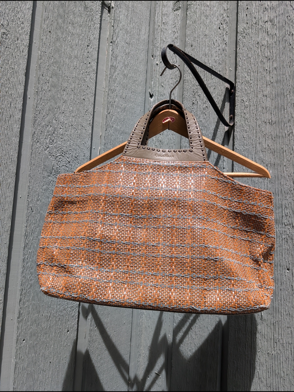 Cole Haan Tan And Blue Woven Tote with Taupe Leather Trim
